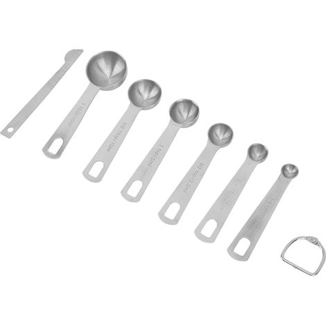 Jeu de 7 cuillères doseuses inox avec niveleur, ustensiles de pâtisserie et cuisine, lot de mesure métallique. (1/5)