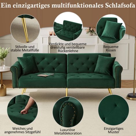 Canapé-lit moderne 2 places – Revêtement en velours, dossier réglable sur 3 positions et pieds en métal doré. Canapé élégant avec fonction couchage – Gain de place, durable, idéal pour les petits espa
