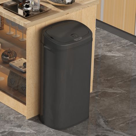 Hobag – Poubelle automatique 68L en acier noir – Ouverture sans contact – Bague anti-glisse – Compatible sacs standards