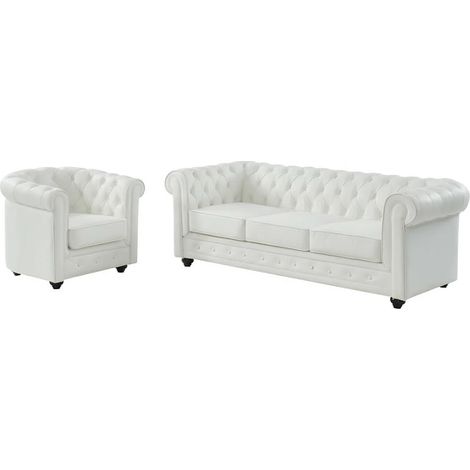 Canapé 3 places et fauteuil en cuir de buffle CHESTERFIELD - Blanc (1/4)