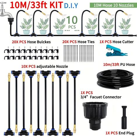 Kit irrigation goutte à goutte automatique 10m, système arrosage jardin avec buses orientables 360°, tuyau flexible anti-fuite, installation facile sans outil pour plantes extérieur et serre (1/5)