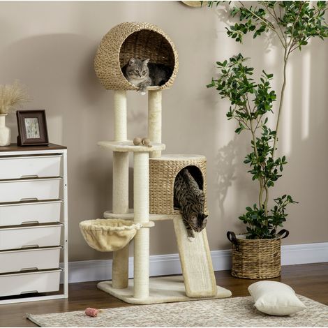 Árbol para gatos 60x60x150 cm de aglomerado beige con cueva, para espacios pequeños – MEUBLIV (1/5)
