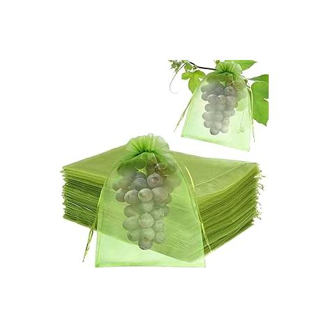 Lot de 100 Sac de Protection Fruits, Sac de Protection de Raisin, Sachet Protection Raisin avec Cordon, Sac Organza pour Raisin, Tomates, Pommes, Légumes (1/4)