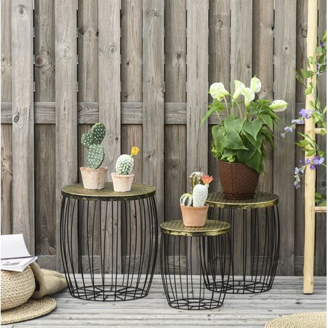 Mesas de jardín set de 3 en metal negro, redondas, apilables, estilo industrial con tablero efecto ratán (1/5)