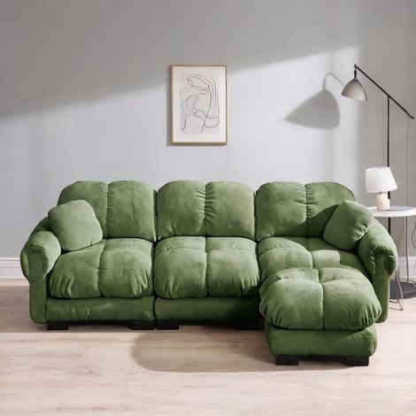 Canapé d'angle en chenille vert sapin avec ottomane et coussins (1/5)