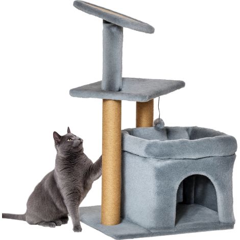 Kratzbaum für Wohnungskatzen, Katzenkratzbaum mit Bett, Katzenhaus, Kratzbrett, Aussichtsplattform, interaktiver Ball, 48 x 48 x 84 cm, Grau