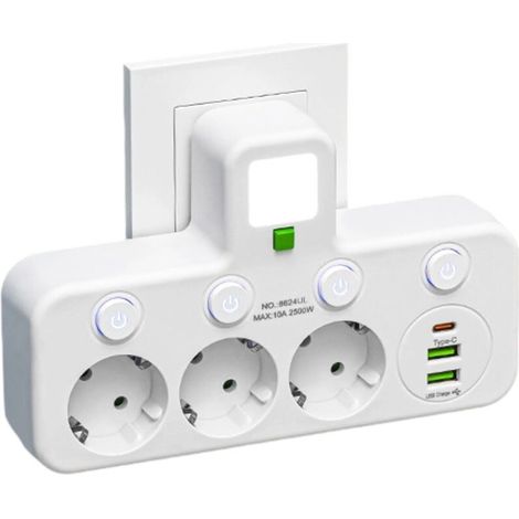 Multiprise Murale 6 en 1 : Bloc 3 Prises françaises + 2 Ports USB (1 Type-C ) + Lampe LED, Multiprise électrique avec Interrupteur (1/5)