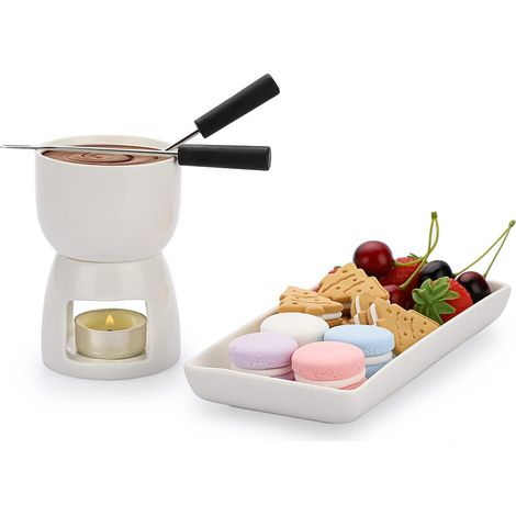 Ensemble chauffe-beurre en céramique de 150 ml avec plat rectangulaire en céramique, mini marmite à fondue, bol pour fromage, chocolat, beurre, caramel, avec 2 fourchettes (1/5)