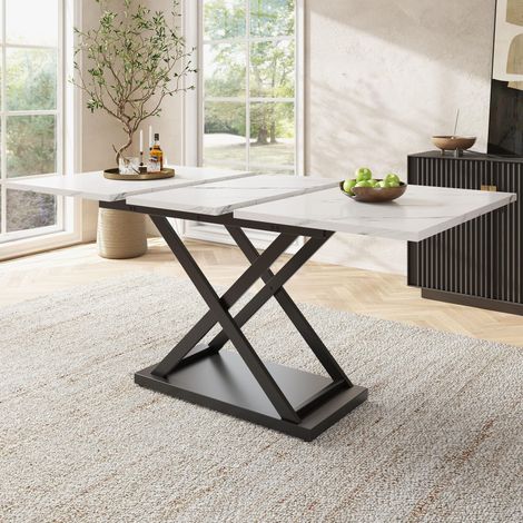 Esstisch Teleskoptisch(120-160×80cm) ,Ausziehbarer Esstisch ,platzsparender Küchentisch,Schwarz gekreuzte Eisenbeine,für Küche und Wohnzimmer,Weißer marmorierter Esstisch (1/5)