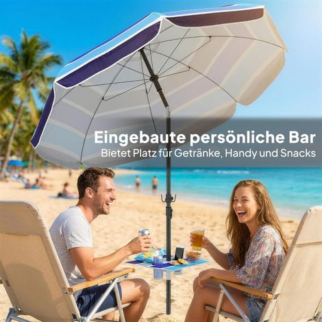 Parasol de plage Ø198 cm UV30+ avec table pliante, porte-gobelet, inclinaison réglable, multicolore (1/5)