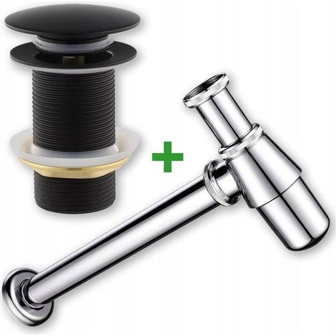Set: Klick-Klack-Ablaufstopfen ohne Überlauf + Waschbeckensiphon, schwarz (1/5)