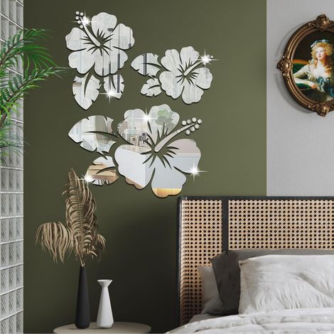Lntyq Miroir Stickers Muraux Miroirs Décoratif Acrylique Adhésif Autocollant Mural Amovible DIY Décoration pour Maison Chambre Salon Décor- Fleurs Argent (1/5)