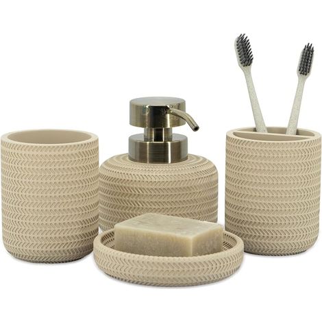 Ensemble d'accessoires de Salle de Bain Beige 4 pièces - Porte-Brosse à Dents, Distributeur de Savon, Plateau de vanité, gobelet de Salle de Bain - Organisateur de vanité de comptoir (1/5)