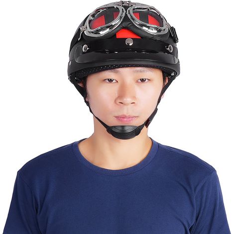 Casque demi-jet universel en cuir synthétique pour moto et scooter, avec visière et lunettes UV rouges. (1/5)