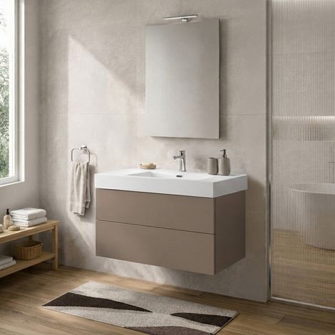 Mobile bagno sospeso 100 cm tortora due cassetti push-pull e lavabo in resina Tierra (1/5)