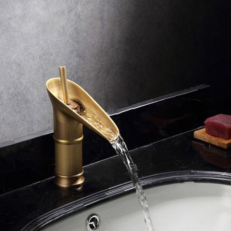 Robinet de salle de bain en bronze antique, robinet de lavabo en cascade, robinet mitigeur de lavabo haut à poignée unique, robinet de salle de bain avec valve en céramique, (court ant