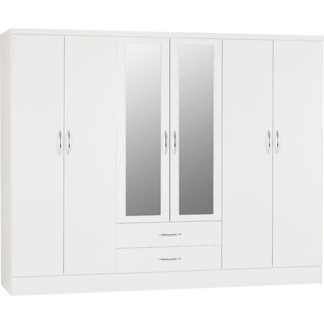 Nevada 6 Door 2 Drawer Mirrored Wardrobe - L52 x W230 x H182.5 cm - White Gloss