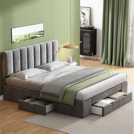 lit avec tiroirs 160x200, velours gris HAVRYA (1/5)