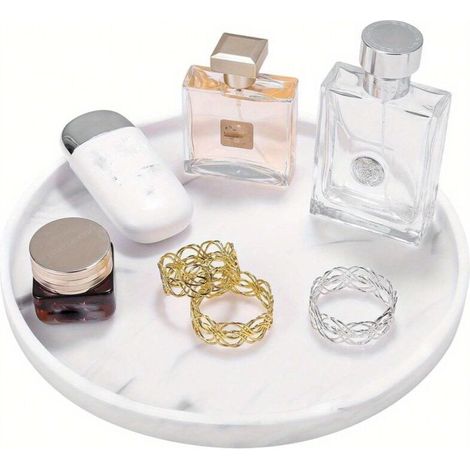 Plateau rond en silicone de 27 cm, motif marbre blanc, pour salle de bain et cuisine, idéal pour les bijoux et les parfums.Blanc (1/5)