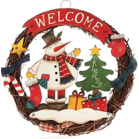 Couronne de Noël tressée - Couronne de Porte Welcome pour Noël - Couronne en Bois - Couronne - env. Ø 24cm (Bonhomme de Neige - M) (1/4)