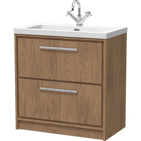 Longnor 2 Drawer Floor Standing Vanity Unit with 1 Tap Hole Modern Fireclay Basin, Antique Oak, 800mm