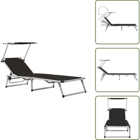 Sonnenliege Klappbar mit Sonnenschutz Alu und Textilene Schwarz - Sonnenliege - Gartenliege - Klappliege - Alurahmen - Textilene (1/5)