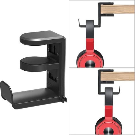 Soporte para auriculares (paquete de 2) con clip para cable, gancho de escritorio con clip de resorte ajustable y giratorio de 360°, colgador universal para auriculares y audífonos, color negro. (1/5)