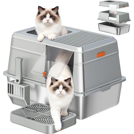 Bac à Litière en Acier Inoxydable,pour Chat avec Couvercle Pelle (1/5)