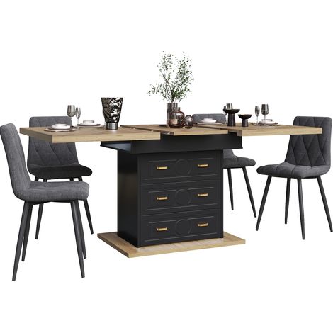 Esstisch Ausziehbar mit 2 Schubladen und 1 Fach, für Küche und Esszimmer, MDF und Metall, Naturholz (1/5)