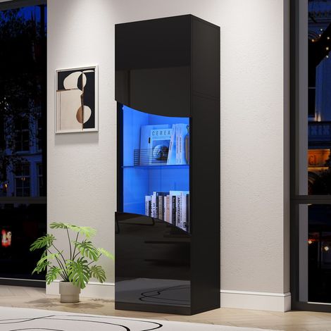 Vitrine de salon 35 x 50 x 165 cm brillante, meuble haut avec grand rangement et éclairage LED – design ondulé concave, porte vitrée (1/5)