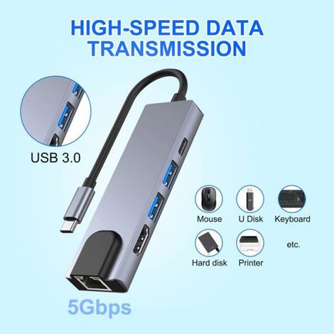 Station d'accueil USB C 5 en 1, adaptateur Type C vers HDMI, Ethernet RJ45, HDMI 4K, PD 100 W, 2 USB 3.0 (1/5)