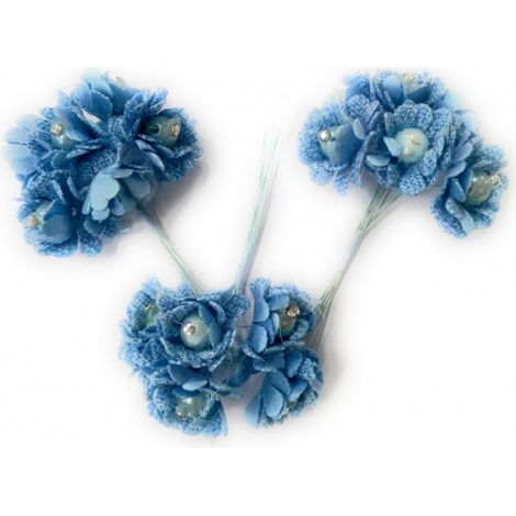 Trade Shop - 72 künstliche Blumen, blau, Stoff, Glitzer, Knospen, künstliche Tischkarte -