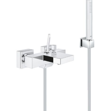 Grohe Einhebel-Wannen-/Duscharmaturset Wasserfall + Handbrause Stick 1 Strahl, Wandhalter, Schlauch, Chrom (23666000-CUBESTICK)