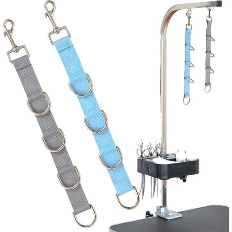 Dog Grooming Loop & Grooming Table Arm Extension Strap — 2-Pack with 4 D-Rings — Pet Grooming Extender Strap (Gray-Blue) (1/5)