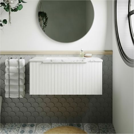 Hudson Reed Fluted Wall Hung 1-Drawer Vanity with Carrera Marble Worktop 800mm Wide - Satin White