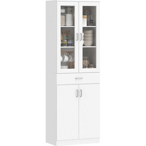 Buffet haut cuisine, armoire de cuisine, 4 portes dont 2 en verre, tiroirs, étagères réglables, 60x35x180cm, blanc