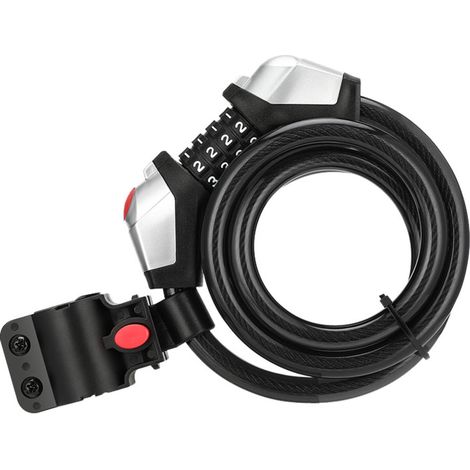 Candado bicicleta cable espiral 4 dígitos, soporte montaje incluido (accesorios MTB, carretera, moto, patinete)