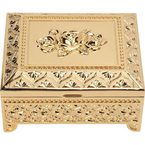 Vintage Schmuckkästchen aus Zinklegierung mit geprägtem Rosenmuster, Geschenkbox für Frauen und Mädchen, goldener Klappdeckel (1/5)
