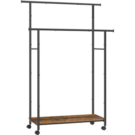 Portant à Vêtements avec Roulettes, Porte-Manteau avec Étagère, Barre double, Marron Rustique et Noir d'Encre (1/5)