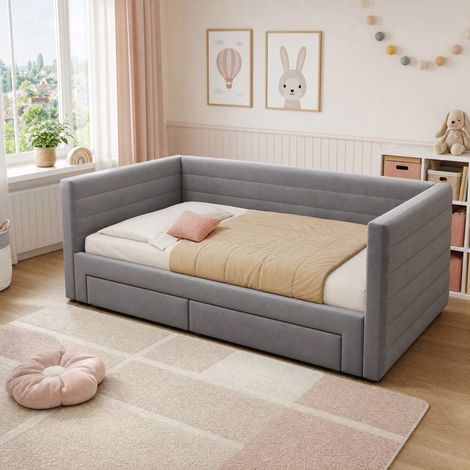 Divano letto imbottito 3 in 1 estraibile 90x190/180x190 cm con 2 cassetti grigio OKWISH (1/5)
