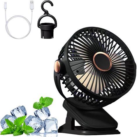 Ventilatore USB a clip da 1200 mAh, silenzioso, con 5 velocità, rotazione a 360° e luce LED, ideale per ufficio o dormitorio, colore nero. (1/5)