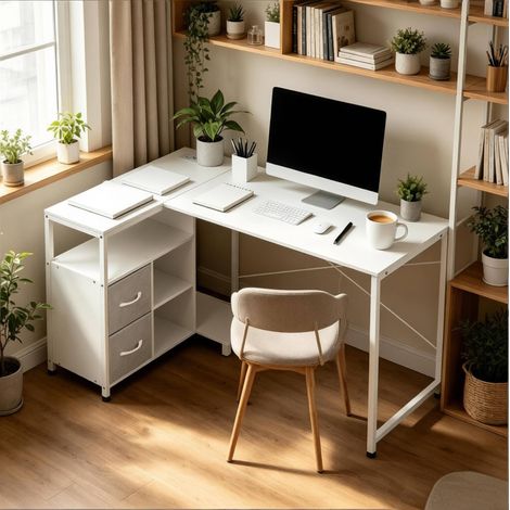 Bureau d’angle 120x80x75 cm blanc en bois, métal et tissu avec prises intégrées, rangement et montage réversible (1/5)
