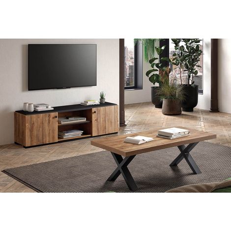 GLESS - Ensemble Salon Meuble TV et Table Basse Aspect Bois Finition Denver Piètement X Métal Noir (1/5)
