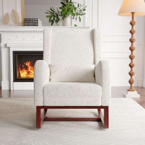 Dossier haut bascule, Chaise à bascule en molleton, Fauteuil à Bascule avec Accoudoirs, Chaise berçante, Rocking Chair avec Pieds Rétractable et Support Lombaire, Blanc (1/5)