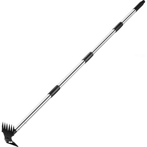 Extracteur de mauvaises herbes avec long manche de 150 cm, outil de jardinage manuel 2 en 1, râteau et binette de jardin, traction de désherbage robuste pour cour, pelouse, terrasse, jardin (1/5)