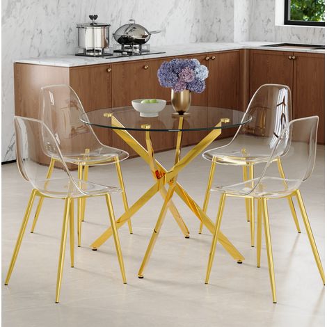 Conjunto de comedor redondo (88x88x75 cm), mesa de cristal templado, 4 sillas transparentes, metal dorado, transparente (1/5)
