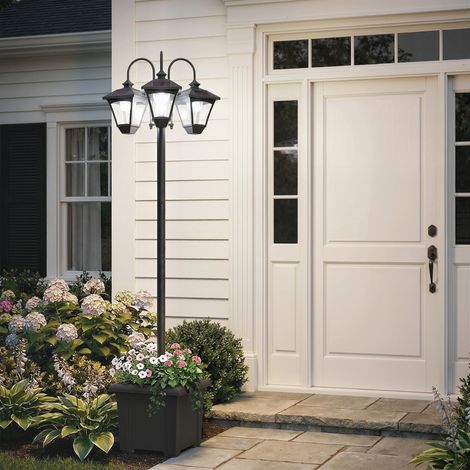 Lampadaire Extérieur sur Pied à 3 Têtes avec Bac à Fleurs. Capteur Automatique Crépuscule à L'aube. 52x52x185cm. Noir