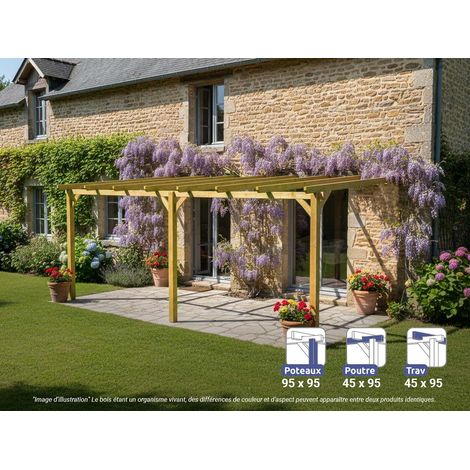 Pergola en bois adossée 600 x 300 cm – Traitement autoclave IV – Structure solide avec 3 poteaux et 4 poutres – Montage facile en 60 minutes – Maderland (1/4)