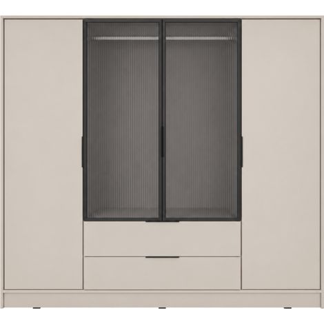 Armoire MIRAGE 2 tiroirs 4 portes vitrées avec penderie en bois et verre- Beige (1/5)