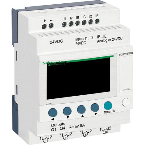 Schneider SR3B101BD Zelio Logic PLC - Smart relay with 10 expandable I/O points - 24 VDC - Clock + display